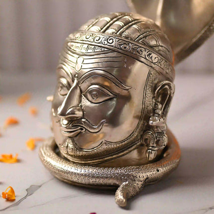 Brass Silver Plated Shiva Head with Sheshnaag (9.5 Inch)