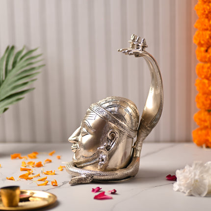 Brass Silver-Plated Shiva Head with Sheshnaag (9.5 Inch)