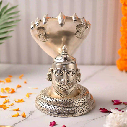 Brass Silver Plated Shiva Head with Sheshnaag (9.4 Inch)