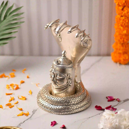 Brass Silver Plated Shiva Head with Sheshnaag (9.4 Inch)