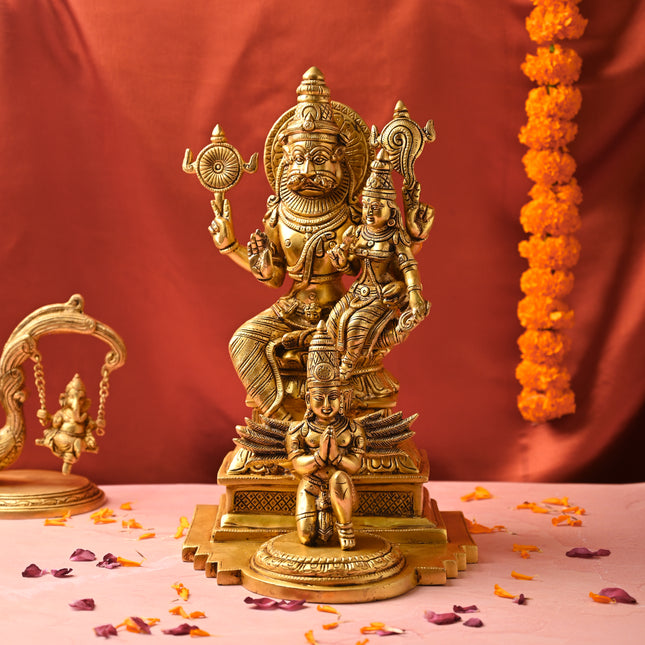 Brass Lakshmi Narasimbha and Garuda Idol – Divine Decor (16.4 Inch)