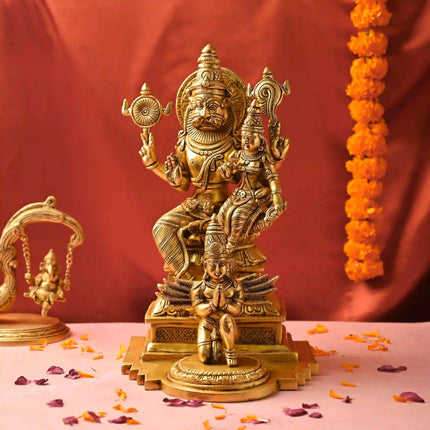 Brass Sitting Lakshmi Narasimbha and Garuda Idol (16.4 Inch)