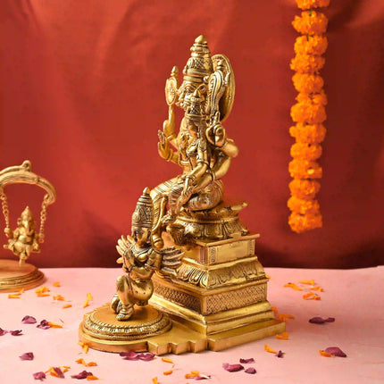 Brass Sitting Lakshmi Narasimbha and Garuda Idol (16.4 Inch)
