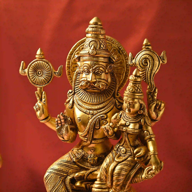 Brass Sitting Lakshmi Narasimbha and Garuda Idol (16.4 Inch)