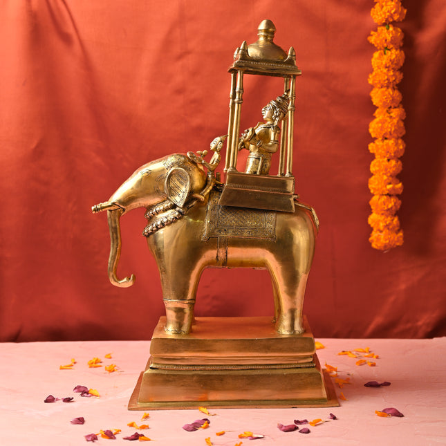 Brass Hindu Deity Seated on Elephant Statue – Traditional Decor (20.5 Inch)
