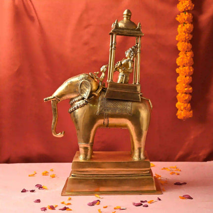 Brass Hindu Deity Seated on Elephant Statue With Mahavat (20.5 Inch)