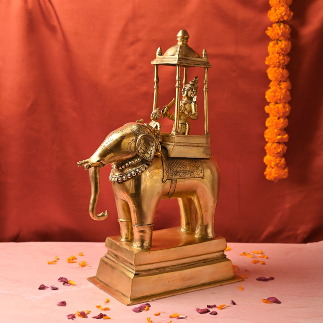 Brass Hindu Deity Seated on Elephant Statue – Traditional Decor (20.5 Inch)