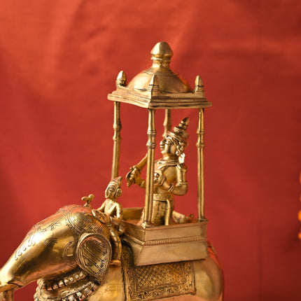 Brass Hindu Deity Seated on Elephant Statue – Traditional Decor (20.5 Inch)