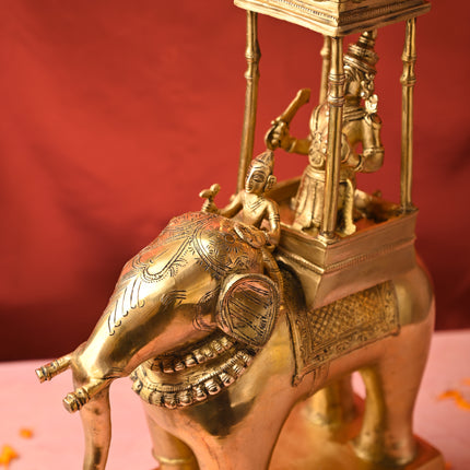 Brass Hindu Deity Seated on Elephant Statue – Traditional Decor (20.5 Inch)
