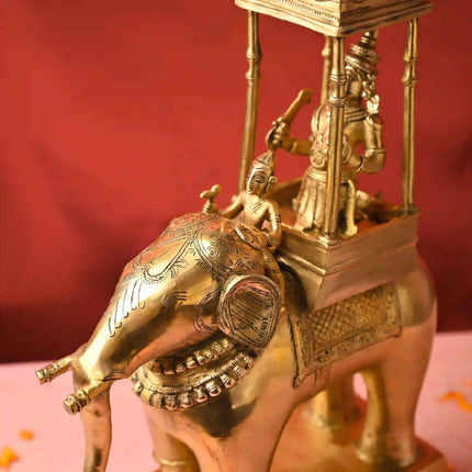 Brass Hindu Deity Seated on Elephant Statue With Mahavat (20.5 Inch)
