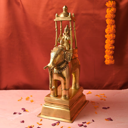 Brass Hindu Deity Seated on Elephant Statue – Traditional Decor (20.5 Inch)