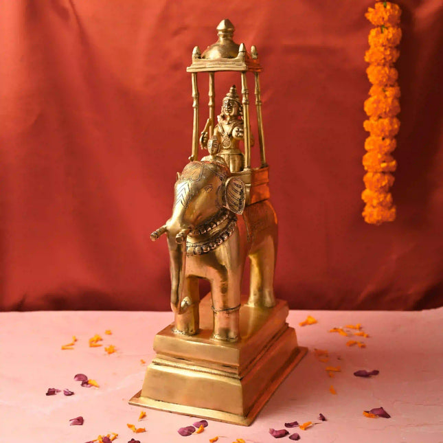 Brass Hindu Deity Seated on Elephant Statue (20.5 Inch)