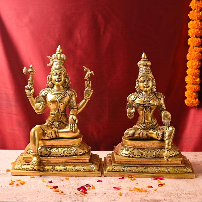 Brass Shiva & Parvati Sitting Idol Set – Premium Decor (16.5 Inch)