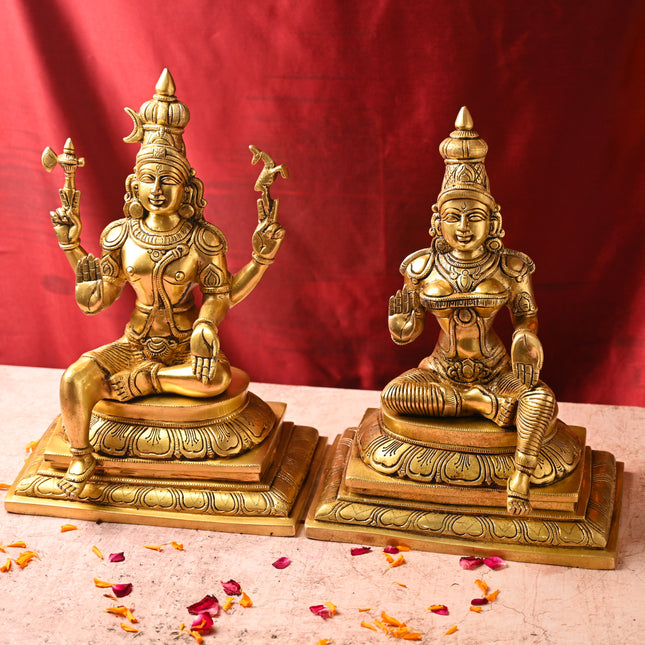 Brass Shiva & Parvati Sitting Idol Set – Premium Decor (16.5 Inch)