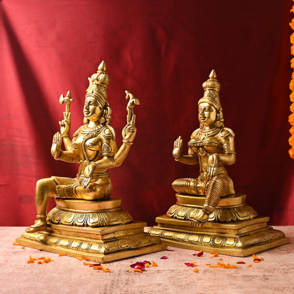 Brass Shiva & Parvati Sitting Idol Set – Premium Decor (16.5 Inch)