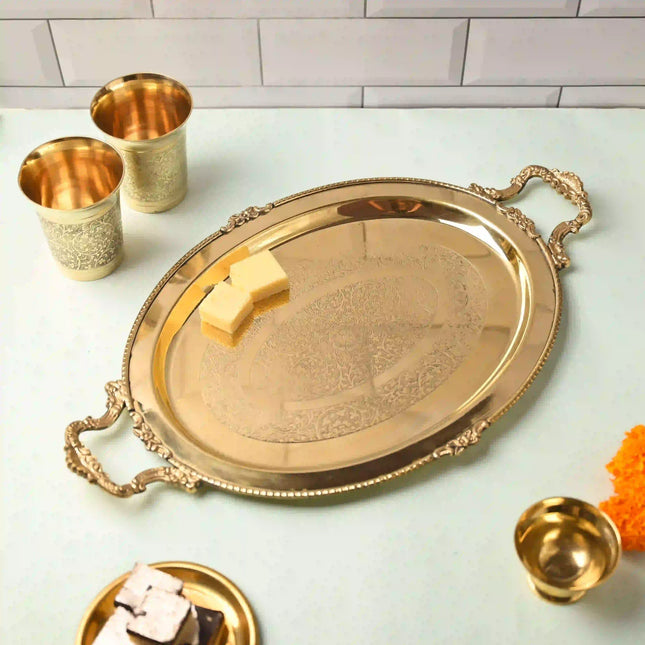 Brass Handcrafted Tray / Platter with Handle