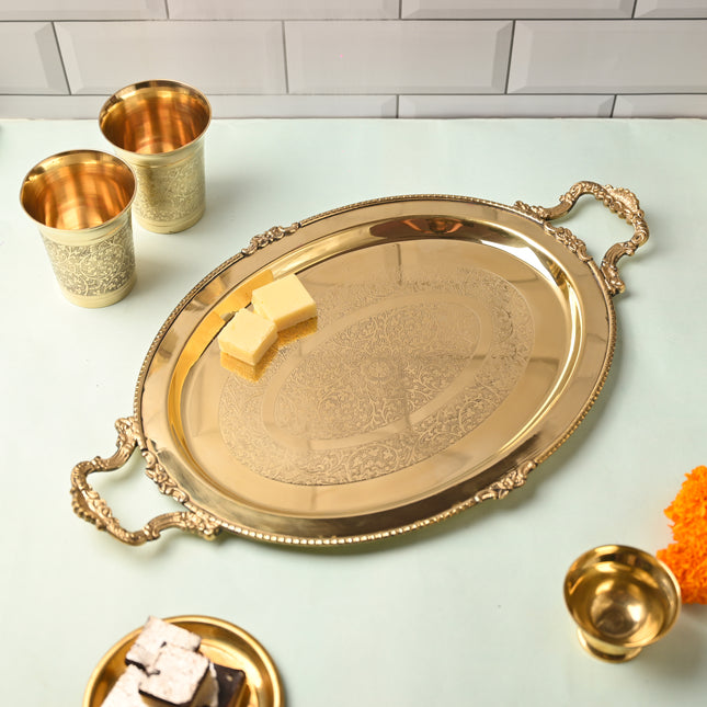 Brass Handcrafted Tray with Handle – Traditional Indian Serveware (18.9 Inch)