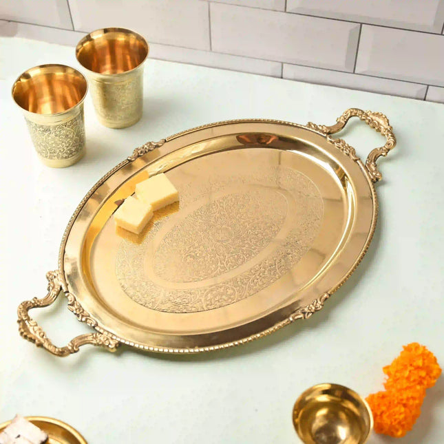 Brass Handcrafted Tray / Platter with Handle
