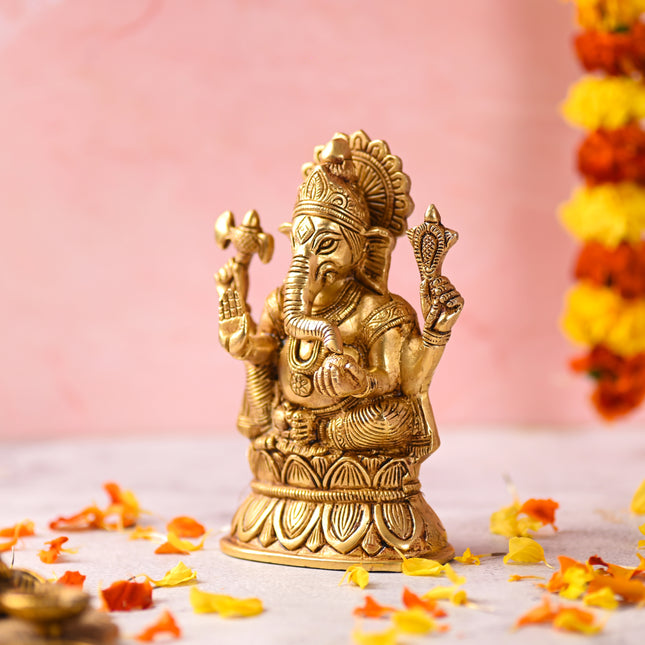 Brass Sitting Lord Ganesha Idol (6.5 Inch)