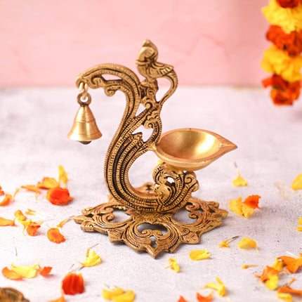 Brass Ethnic Peacock Diya With Hanging bell (7 Inch)