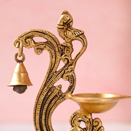 Brass Ethnic Peacock Diya With Hanging bell (7 Inch)