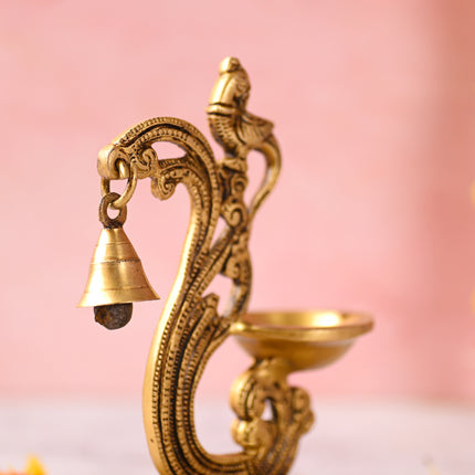 Brass Ethnic Peacock Diya With Hanging bell (7 Inch)