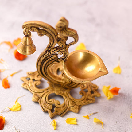 Brass Ethnic Peacock Diya With Hanging bell (7 Inch)