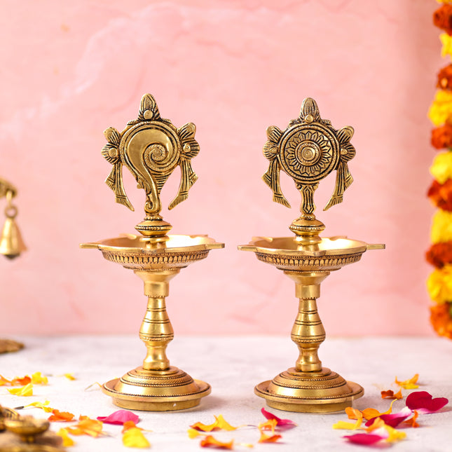 Brass Shankh Chakra Five Petal Diya Set (9 Inch)