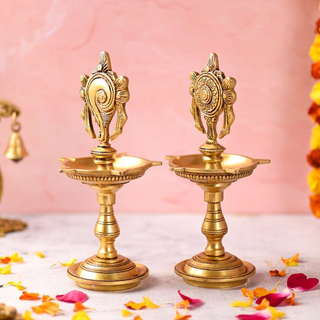 Brass Shankh Chakra Five Petal Diya Set (9 Inch)