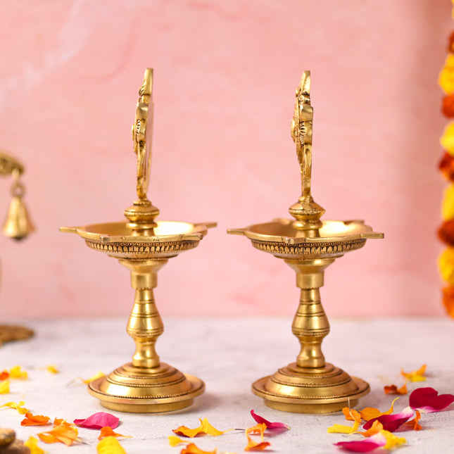 Brass Shankh Chakra Five Petal Diya Set (9 Inch)