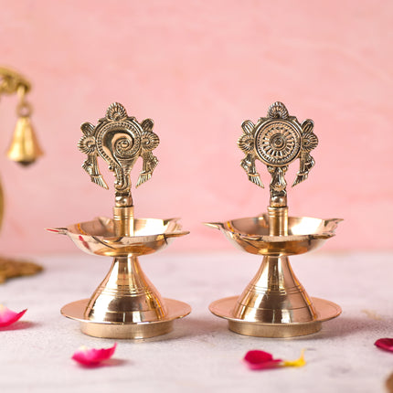 Brass Shankh Chakra Five Petal Diya Set (5.5 Inch)
