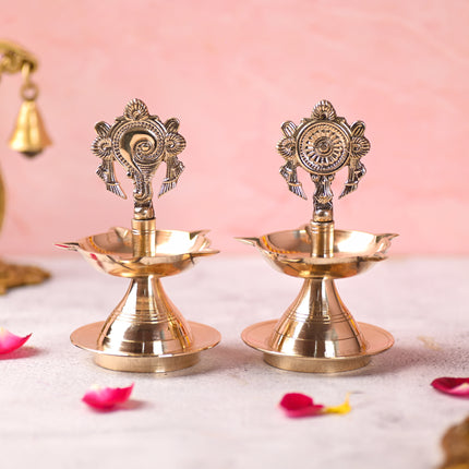Brass Shankh Chakra Five Petal Diya Set (5.5 Inch)