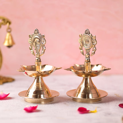 Brass Shankh Chakra Five Petal Diya Set (5.5 Inch)