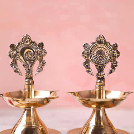 Brass Shankh Chakra Five Petal Diya Set (5.5 Inch)