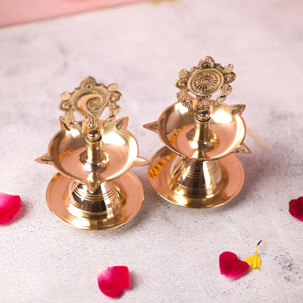 Brass Shankh Chakra Five Petal Diya Set (5.5 Inch)