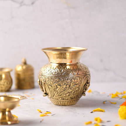 Brass Shankh Chakra Namaha Kodam / Kalash (5 Inch)