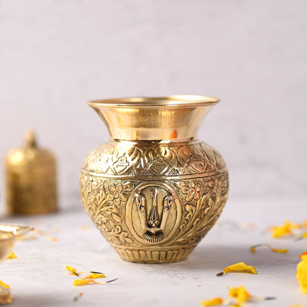 Brass Shankh Chakra Namaha Kodam / Kalash (5 Inch)