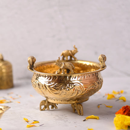 Brass Elephant Urli Bowl with Elephant Legs (4.5 Inch)