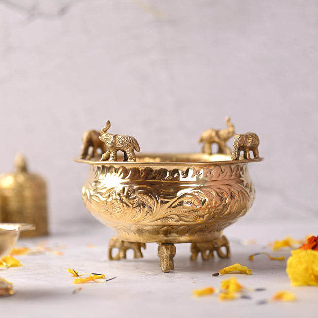 Brass Elephant Urli Bowl with Elephant Legs (4.5 Inch)