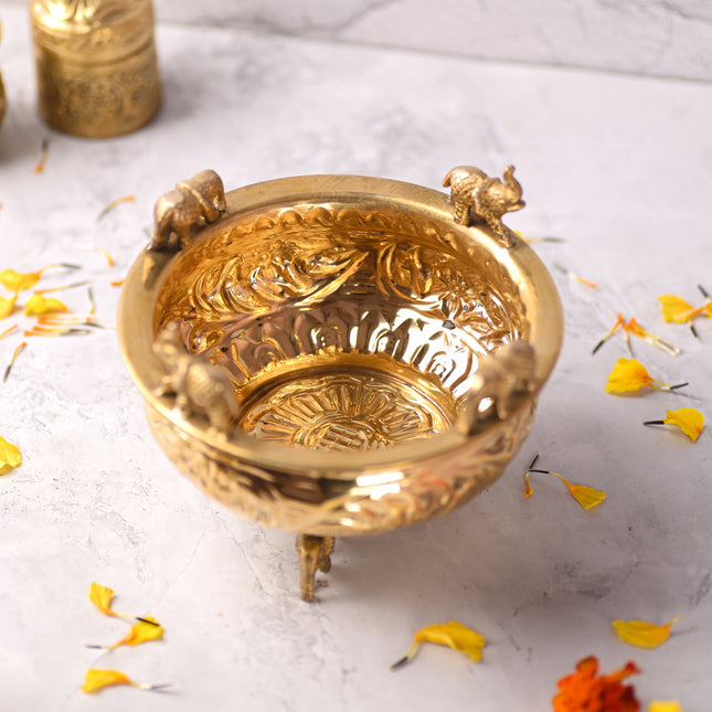 Brass Elephant Urli Bowl with Elephant Legs (4.5 Inch)
