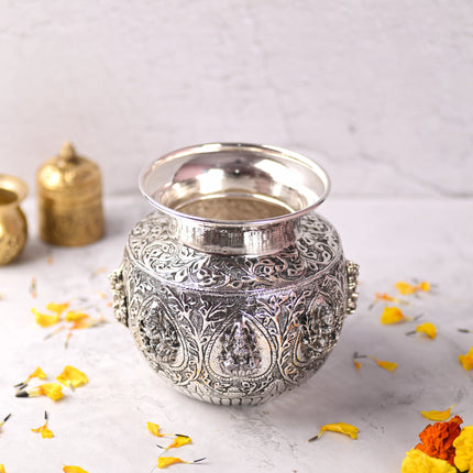 Brass Silver Plated Ashtalakshmi Kodam / Kalash (6 Inch)