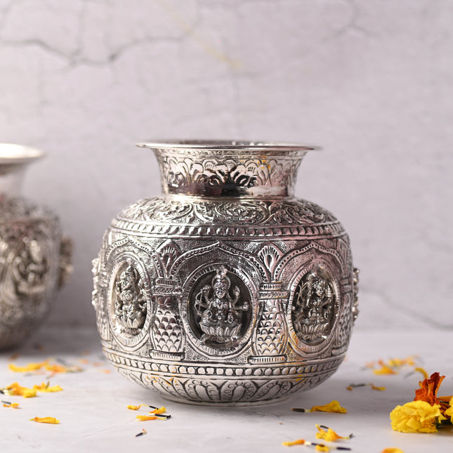 Brass Silver Plated Ashtalakshmi Kodam / Kalash (6.5 Inch)