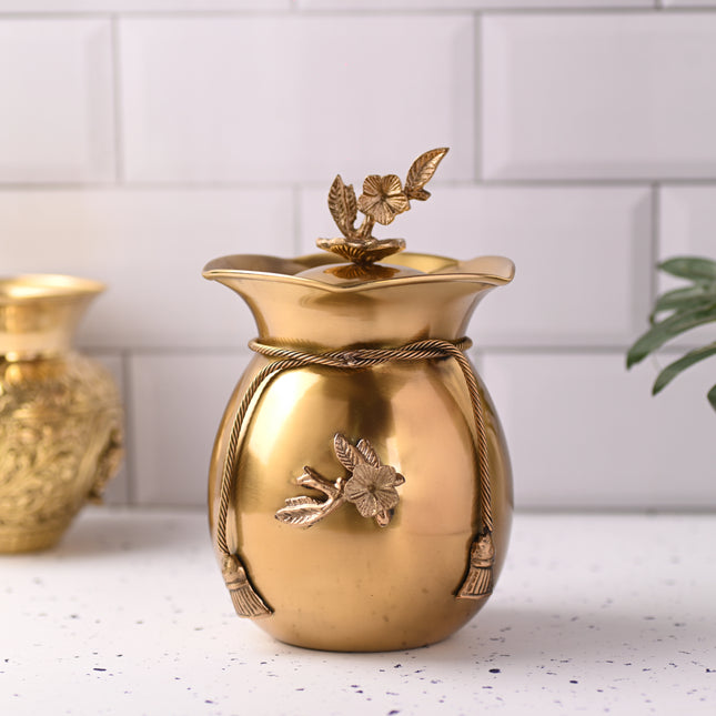 Brass Decorative Kalash with Lid Neck Ribbon Bow Design