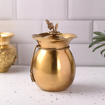 Brass Decorative Kalash with Lid Neck Ribbon Bow Design