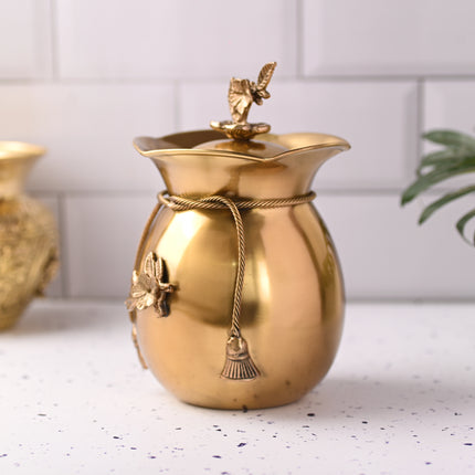 Brass Decorative Kalash with Lid Neck Ribbon Bow Design