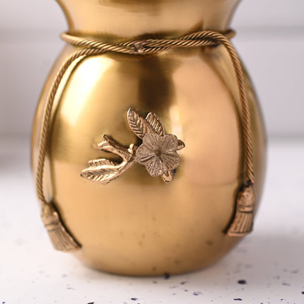 Brass Decorative Kalash with Lid Neck Ribbon Bow Design