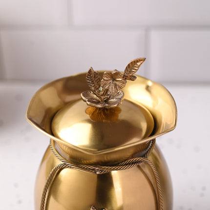Brass Decorative Kalash with Lid Neck Ribbon Bow Design