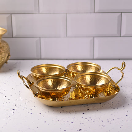 Brass Hammered Serving Tray With 4 Bowl Set