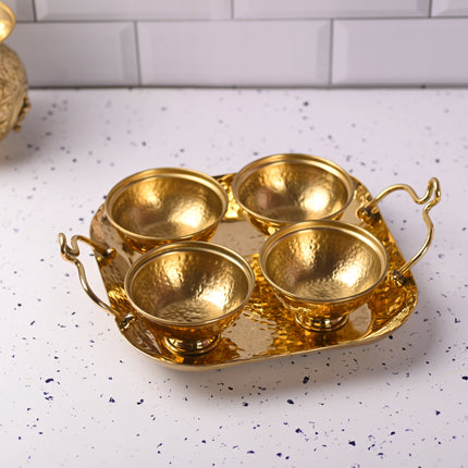 Brass Hammered Serving Tray With 4 Bowl Set
