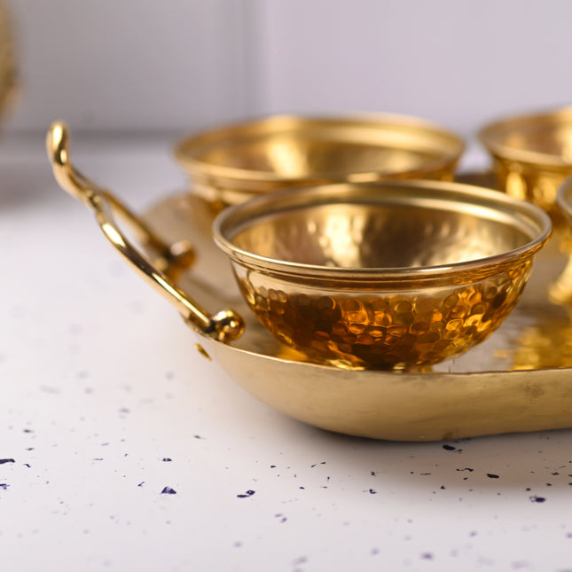 Brass Hammered Serving Tray With 4 Bowl Set